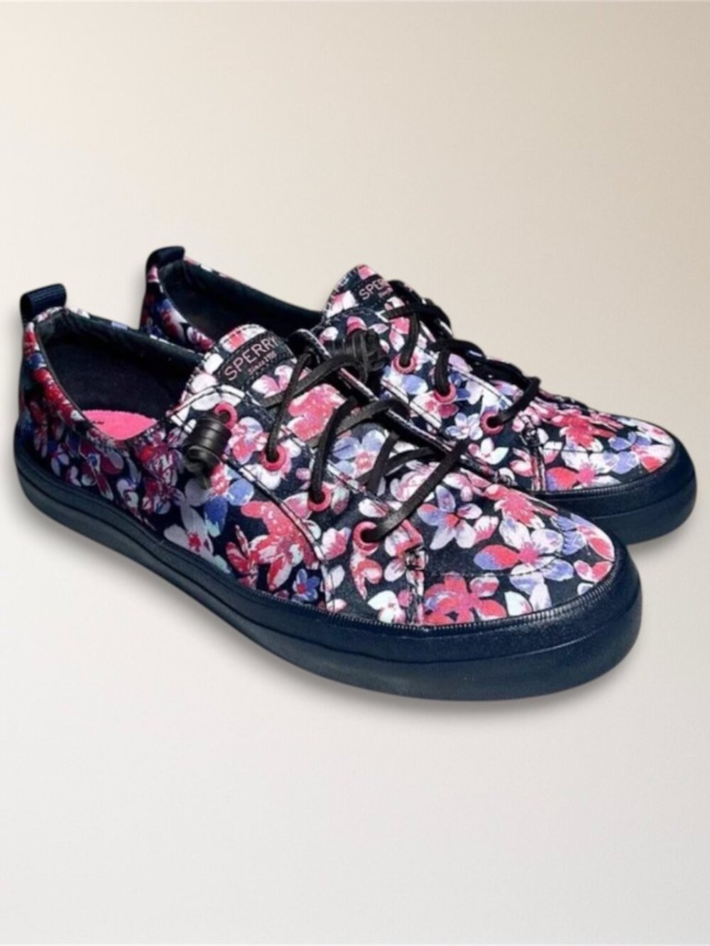Sperry Crest Vibe 9.5 Floral‎ Canvas Sneakers Pink Blue Lace Up Casual STS87000